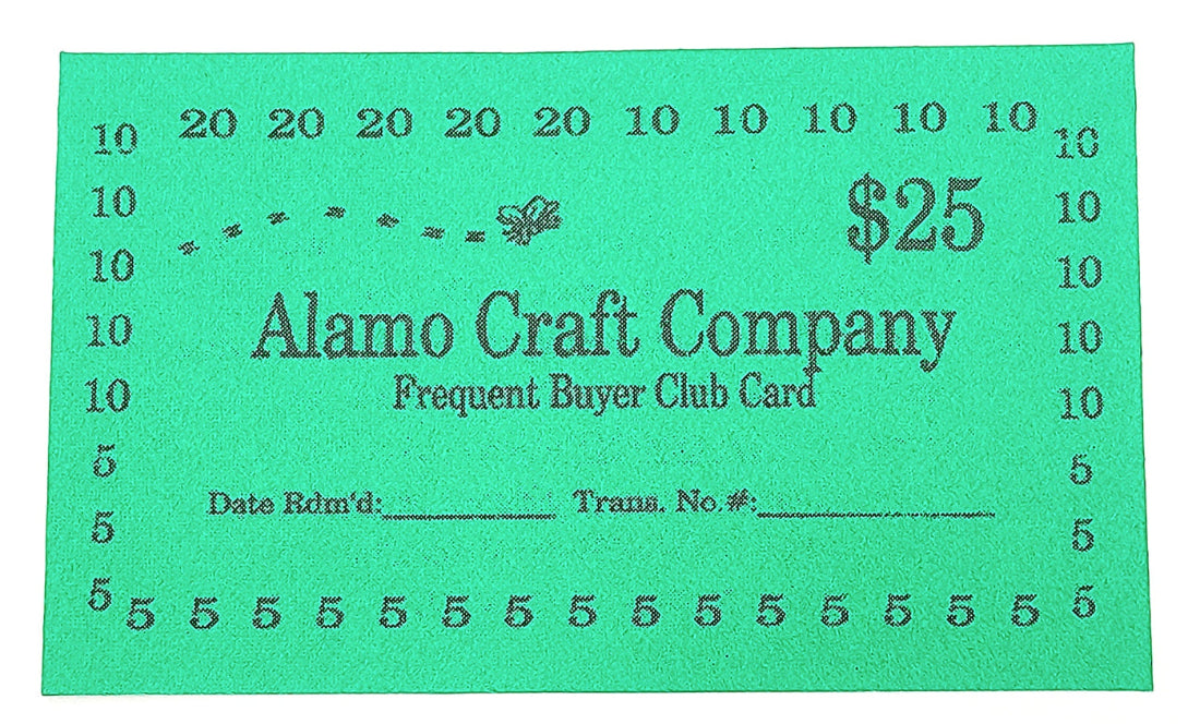 Green Alamo Craft Company frequent buyer card on a white background