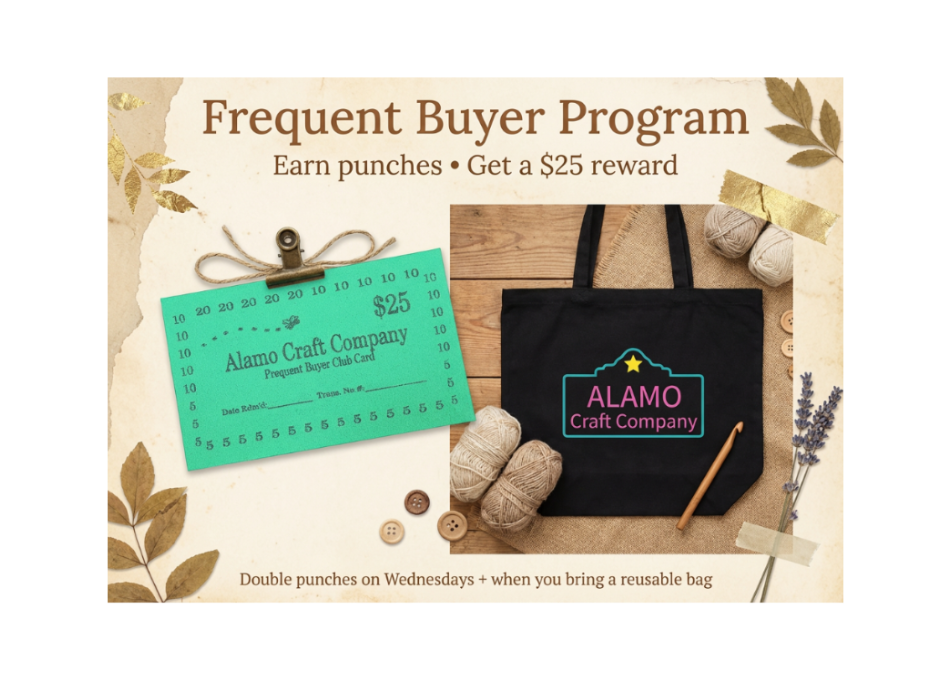 Alamo Craft Company frequent buyer program with punch card and black tote bag on a wooden surface.
