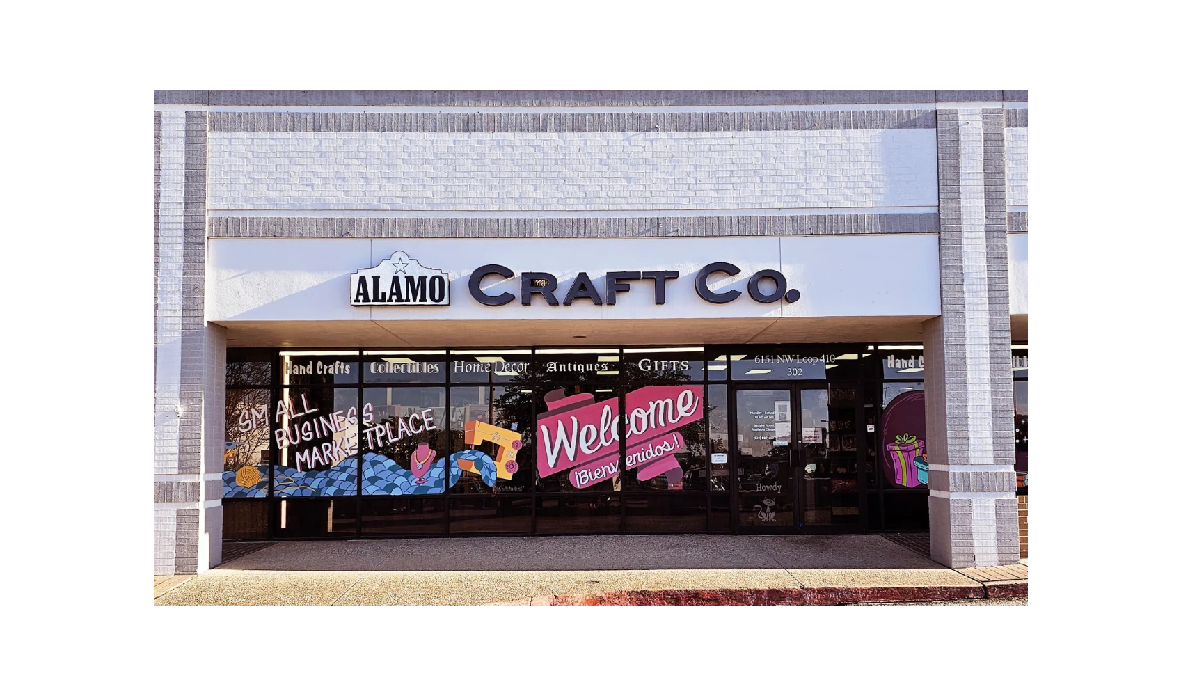 Storefront of Alamo Craft Company with colorful window displays and signage in San Antonio, TX
