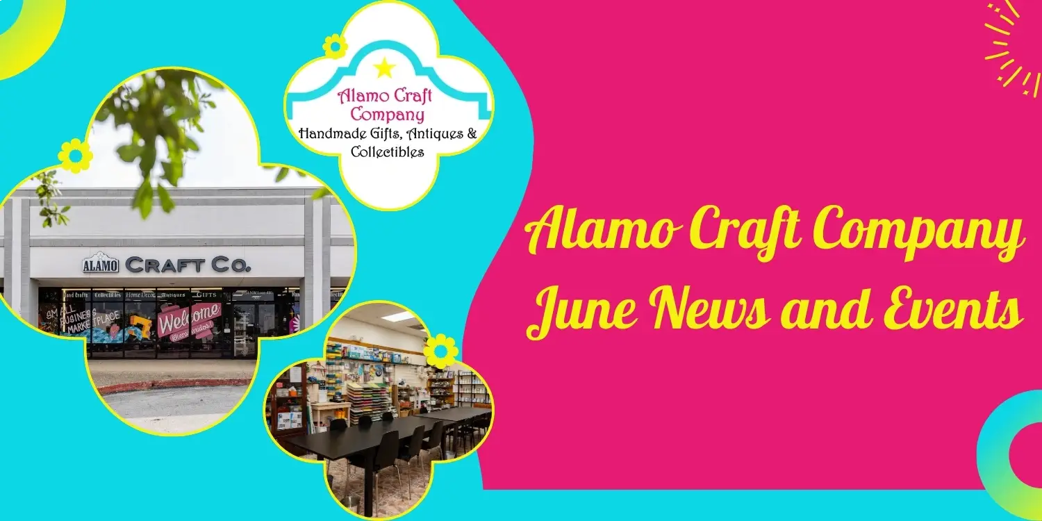 A blue and white square with the words alamo craft company june news written in yellow.